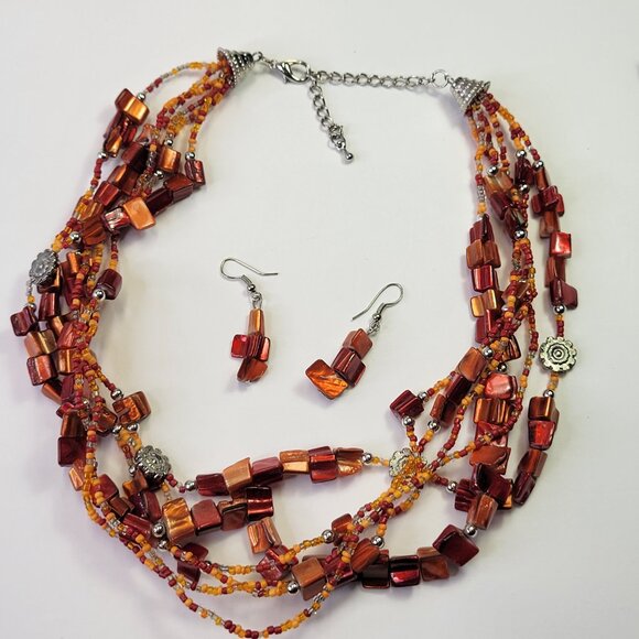 Iridescent Red Coral Floral Multi Strand Necklace With Earrings - Picture 5 of 13
